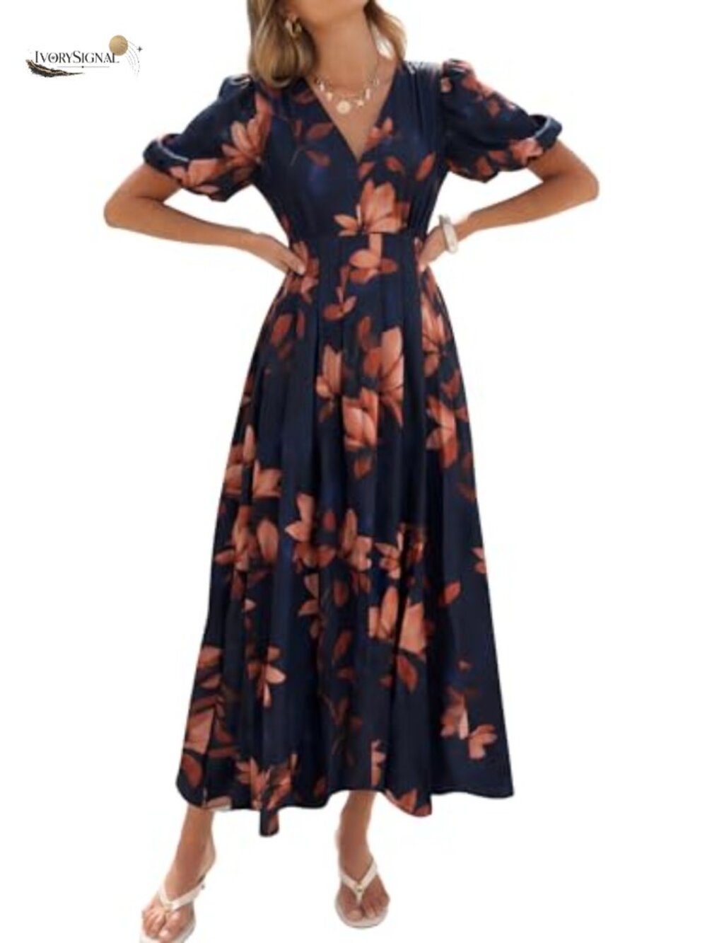 Women's Floral Maxi Dress Short Puff Sleeve V-Neck A-Line Formal Wedding Guest
